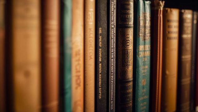 Vintage hardcover book spines featuring gilt leather detailing and warm lamplight
