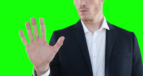 Businessman Interacting with Virtual Touchscreen Interface