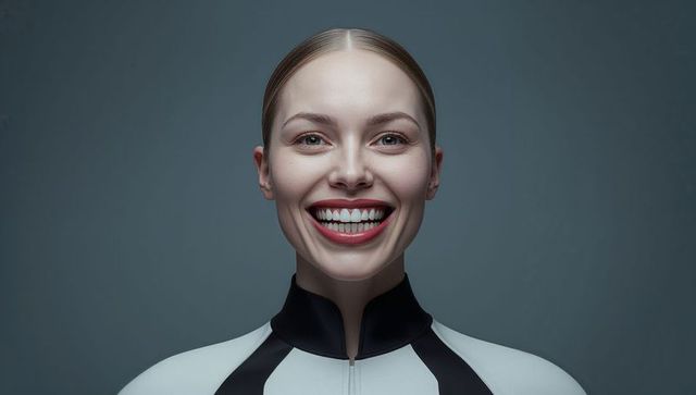Confident smiling woman in high-collar black and white athletic zip top headshot close-up