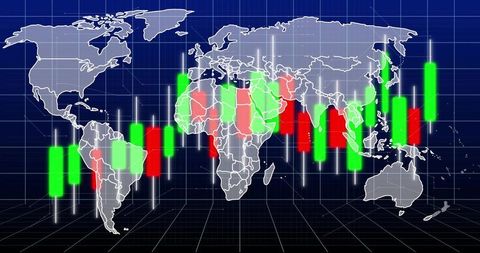 Global Trading Dashboard Neon Candlestick Charts on 3D Grid World Map Market Analytics