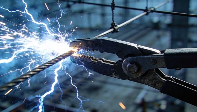Clamping serrated pliers emitting blue arc on twisted steel cable creating dramatic sparks