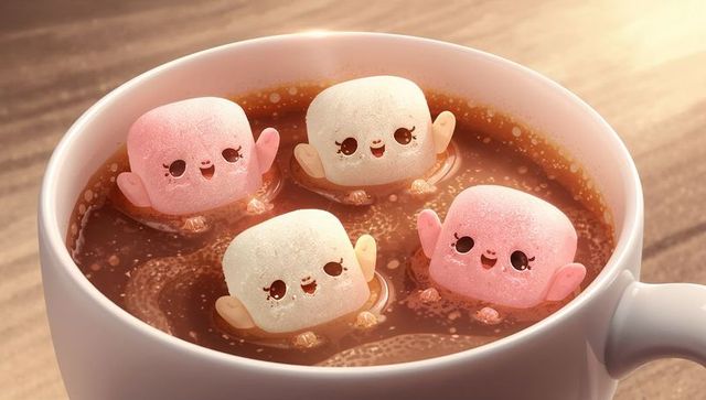 Kawaii marshmallow friends floating and bobbing in hot cocoa mug