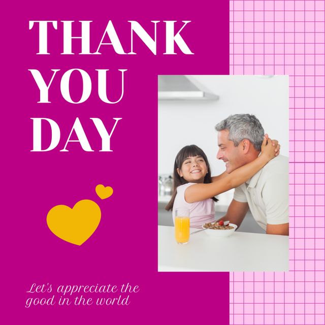 Father and daughter sharing a heartfelt moment during breakfast, perfect for celebrating Thank You Day themes. Ideal for use in greeting cards, social media posts, blog articles about family relationships, appreciation, and gratitude celebrations.