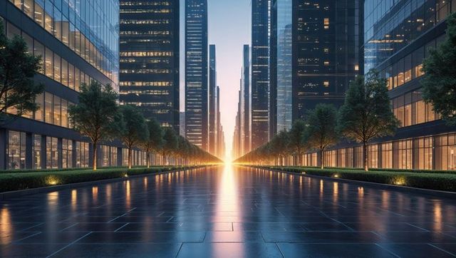 Sunset drenched urban plaza with reflective walkway and skyscrapers