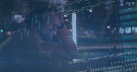 Happy Businessman Analyzing Data on Smartphone with Digital Overlay - Download Free Stock Images Pikwizard.com