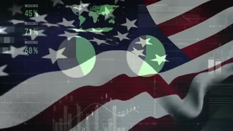 USA Flag with Data Visualization Overlay Showing Analysis and Progress