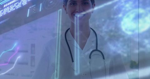 Futuristic Female Doctor Analyzing Holographic Medical Data