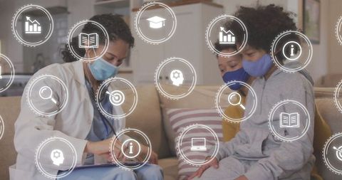 Home Visit by Healthcare Professional with Overlaid Icons