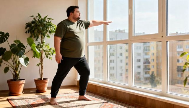 Overweight man practicing morning stretching near sunlit window in minimalist apartment