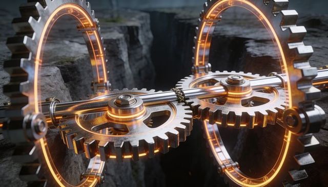 Glowing interlocking gears rotating over rocky canyon with amber rim lighting