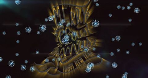 Forming gold 3d merry-christmas tree with curled happy-new-year ribbon and blue snowflakes