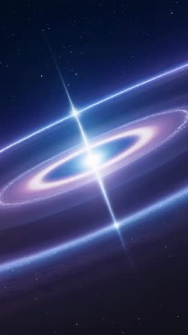 Vertical cosmic video showing luminous accretion disk with axial energy jets and starfield