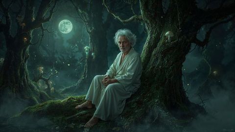 Elderly man in misty forest surrounded by mystical elements