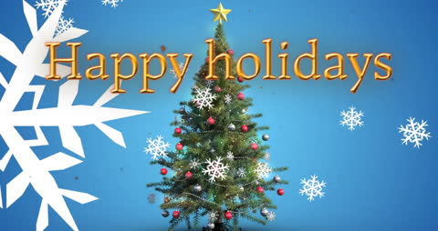 Christmas Tree with Happy Holidays Message and Falling Snowflakes