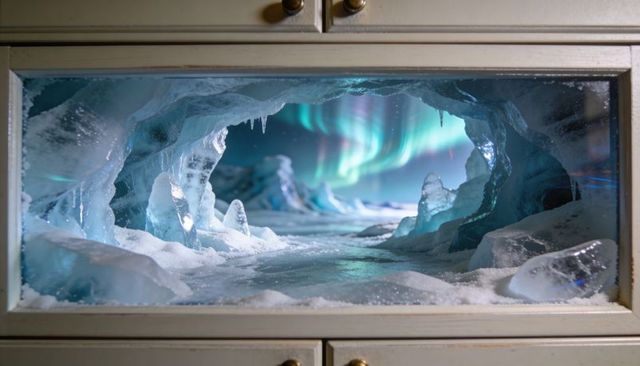 Cabinet revealing frozen ice cave path under northern lights with brass knobs