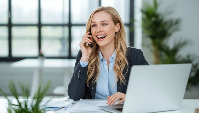 Smiling Businesswoman Engaging on Phone at Office Desk with Laptop