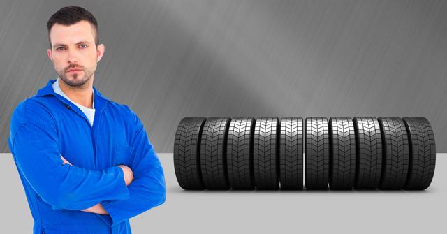 Mechanic stands confidently with arms crossed in front of neatly arranged tires. Ideal for automotive service advertisements, tire retail promotions, car maintenance services, or business websites focusing on vehicle repair and care.