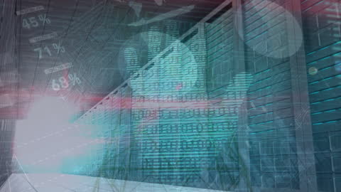 Digital Hand Across Server Room Symbolizing Data Processing