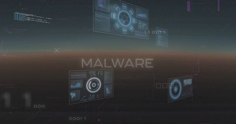 Malware holographic hud projecting cybersecurity threat interface with futuristic data panels