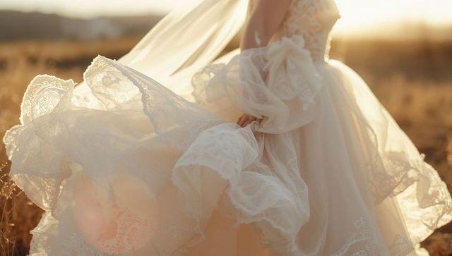 Bride Twirling in Meadow at Golden Hour with Lace Wedding Gown