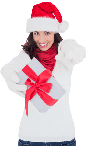 Excited Woman in Santa Hat Sharing Christmas Gift Box Transparent Background