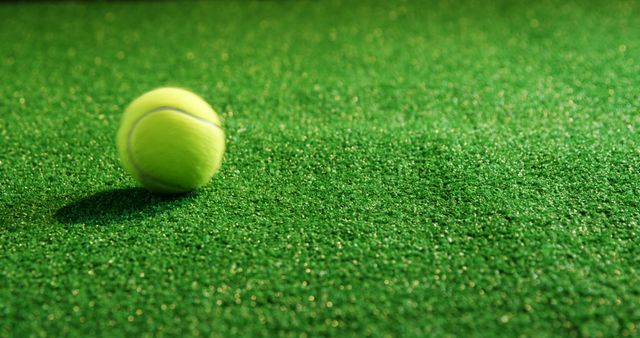 Close-up of tennis ball resting on artificial green turf, ideal for sports equipment advertisements, tennis-related blogs, game strategy articles, recreational activity promotions, and illustrative purposes for tennis guidelines and rules.