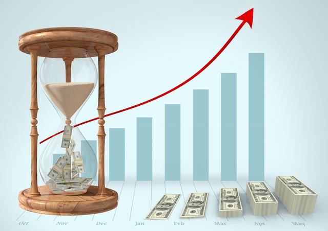 Visualizing concept of financial growth and investment, currency flowing through hourglass symbolizes time and consistent economic progress. Background bar graph and dollar bills emphasize upward growth trend. Ideal for financial presentations, economic forecasts, business reports, and investment planning illustrations.