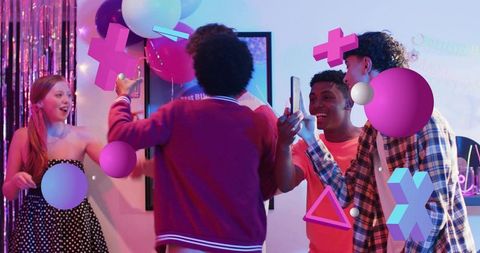 Friends celebrating at neon party holding phones and balloons with colorful geometric overlays