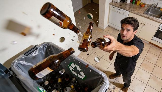Man throwing empty beer bottles into recycling bin with glass shards flying in kitchen