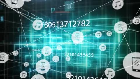 Holographic network visualization showing phone node hub and numeric data streams