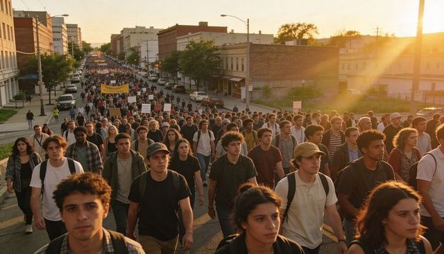 Mass youth march through urban avenue at golden hour holding banner and protest signs