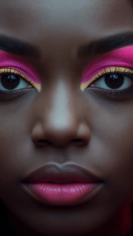 Vertical beauty video showing model blinking with bold pink and yellow eye makeup close-up