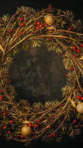 Displaying vertical holiday wreath with gold twigs, pine needles and red berries