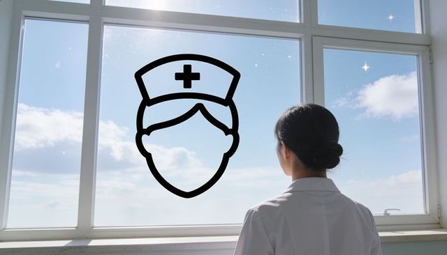 Nurse looking out hospital window with nurse icon on glass for healthcare branding