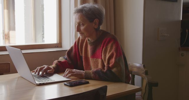 Senior Woman Working on Laptop at Home Near Window - Download Free Stock Images Pikwizard.com