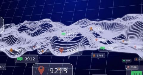 Visualizing 3D Wireframe Data Waveform with Location Pins, Alerts and Chat Badges