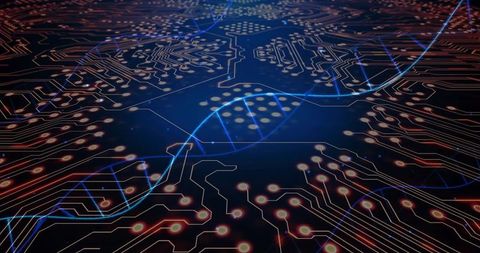 Glowing Blue DNA Helix Weaving Across Futuristic Circuitry Plane with Neon Orange Nodes