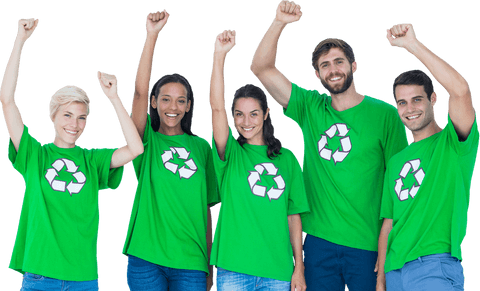 Happy Diverse People Celebrating in Green Eco T-Shirts Transparent Background