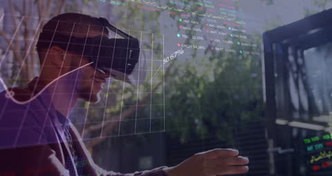Businessman Engaged with Virtual Reality Data Displays