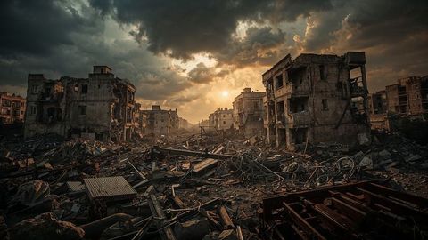 Apocalyptic Urban Ruins at Sunset