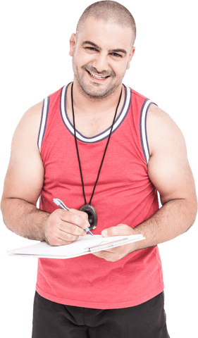 Transparent Smiling Athletic Coach Writing on Clipboard