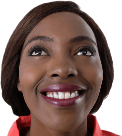 Cheerful Woman Smiling and Looking Up on Transparent Background