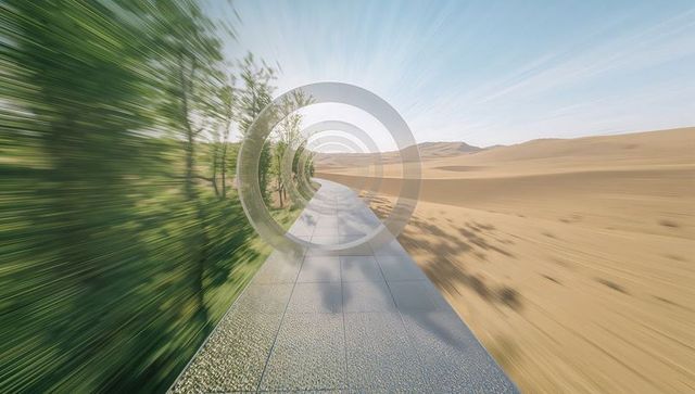 Desert to green oasis concentric tunnel guiding pathway with motion blur rings futuristic