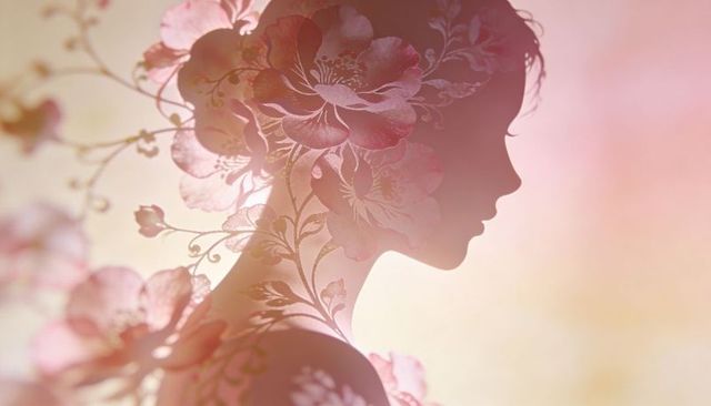 Dreamy floral silhouette of woman blooming with large blossoms and delicate vines