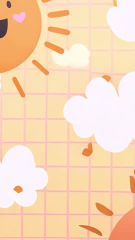 Vertical animated loop smiling sun drifting clouds over pastel grid with playful hearts