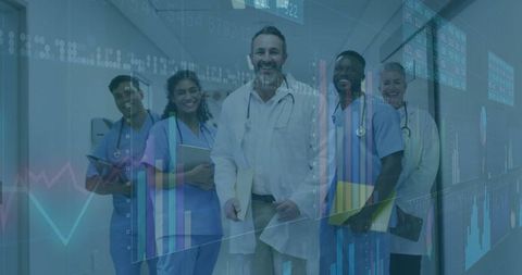 Healthcare team analyzing digital patient data in hospital