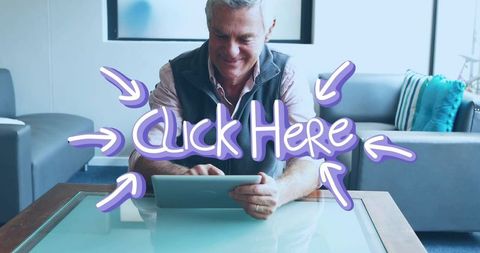 Senior man leaning in lounge using tablet with click here overlay for call-to-action