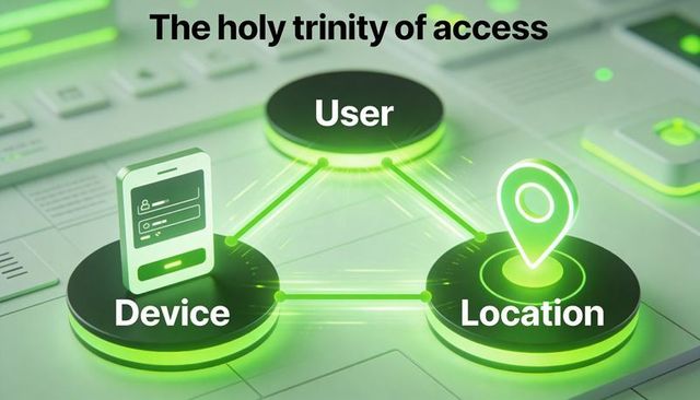 Neon access trinity connecting user device location on futuristic cybersecurity dashboard