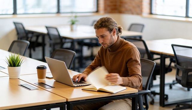 Focused freelancer typing on laptop flipping notebook pages in modern coworking space