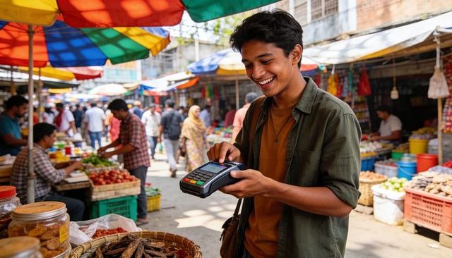 Indian man making digital payment at bustling street market under colorful umbrellas